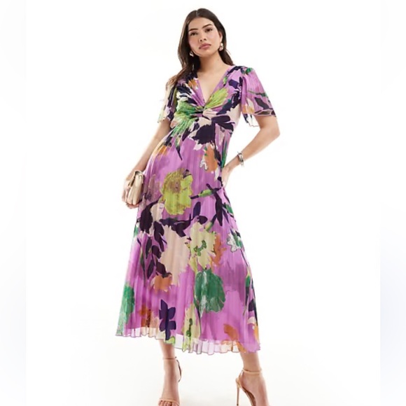 ASOS Pleated Floral Flutter Short Sleeve Midi Dress NEW 6 - Picture 1 of 10